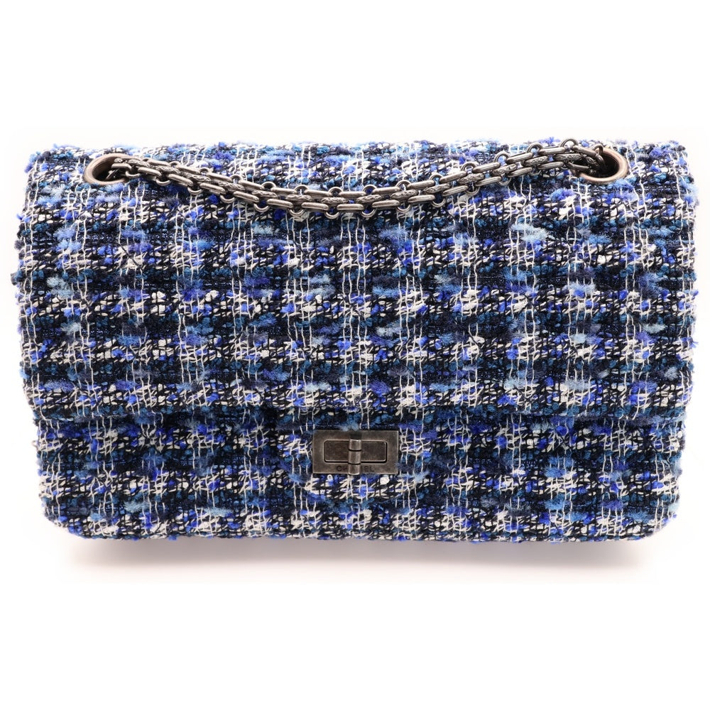 CHANEL(シャネル) 2.55 マトラッセ 2WAY ツイード レザー チェーンショルダー ハンドバッグ シルバー金具 ブルー/ブラック AS0874