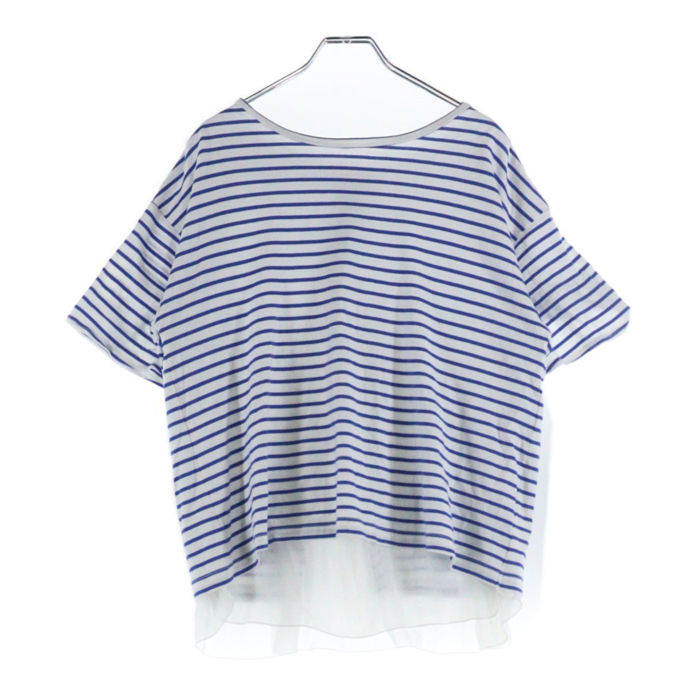 BEAMS HEART(ビームス ハート) マリンボーダー総柄 バックスリット シアープリーツ レイヤード 半袖Tシャツ カットソー ホワイト/ブルー レディース