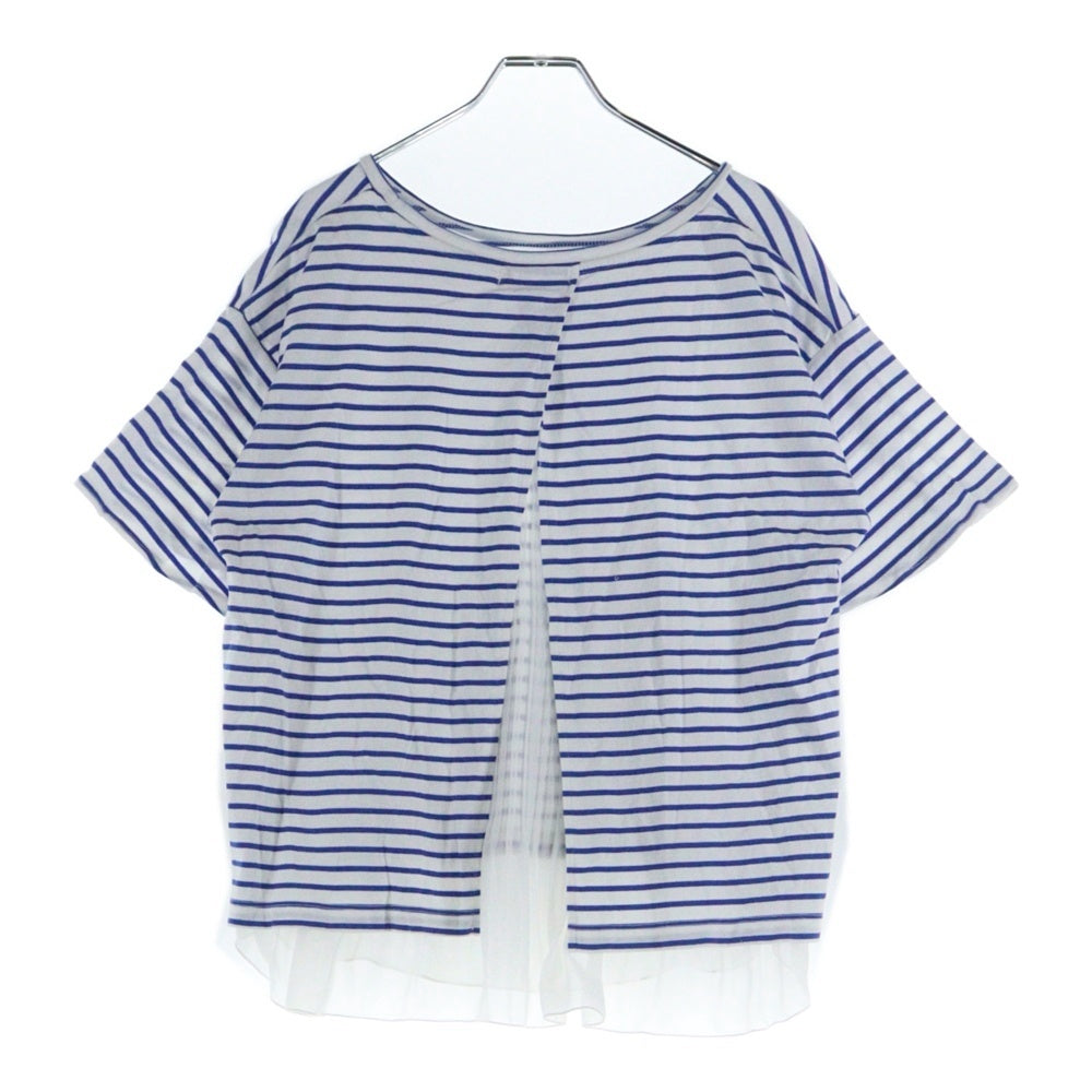 BEAMS HEART(ビームス ハート) マリンボーダー総柄 バックスリット シアープリーツ レイヤード 半袖Tシャツ カットソー ホワイト/ブルー レディース