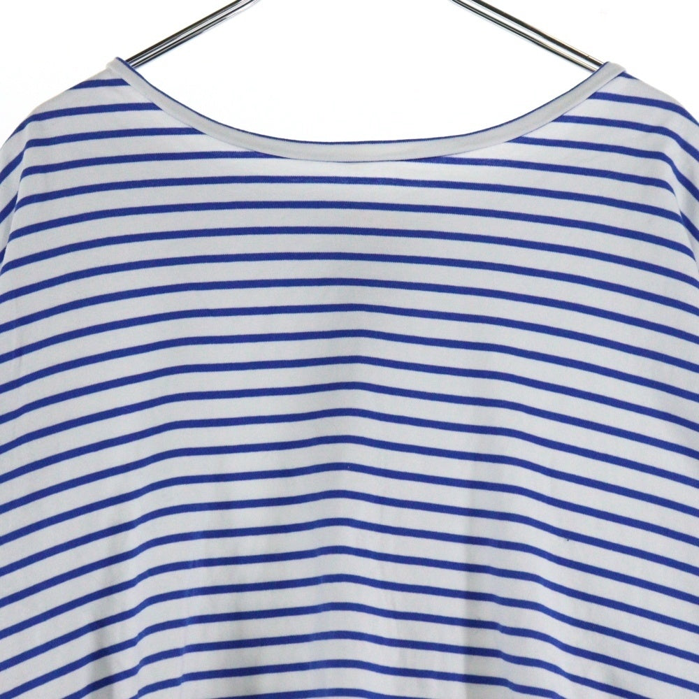 BEAMS HEART(ビームス ハート) マリンボーダー総柄 バックスリット シアープリーツ レイヤード 半袖Tシャツ カットソー ホワイト/ブルー レディース