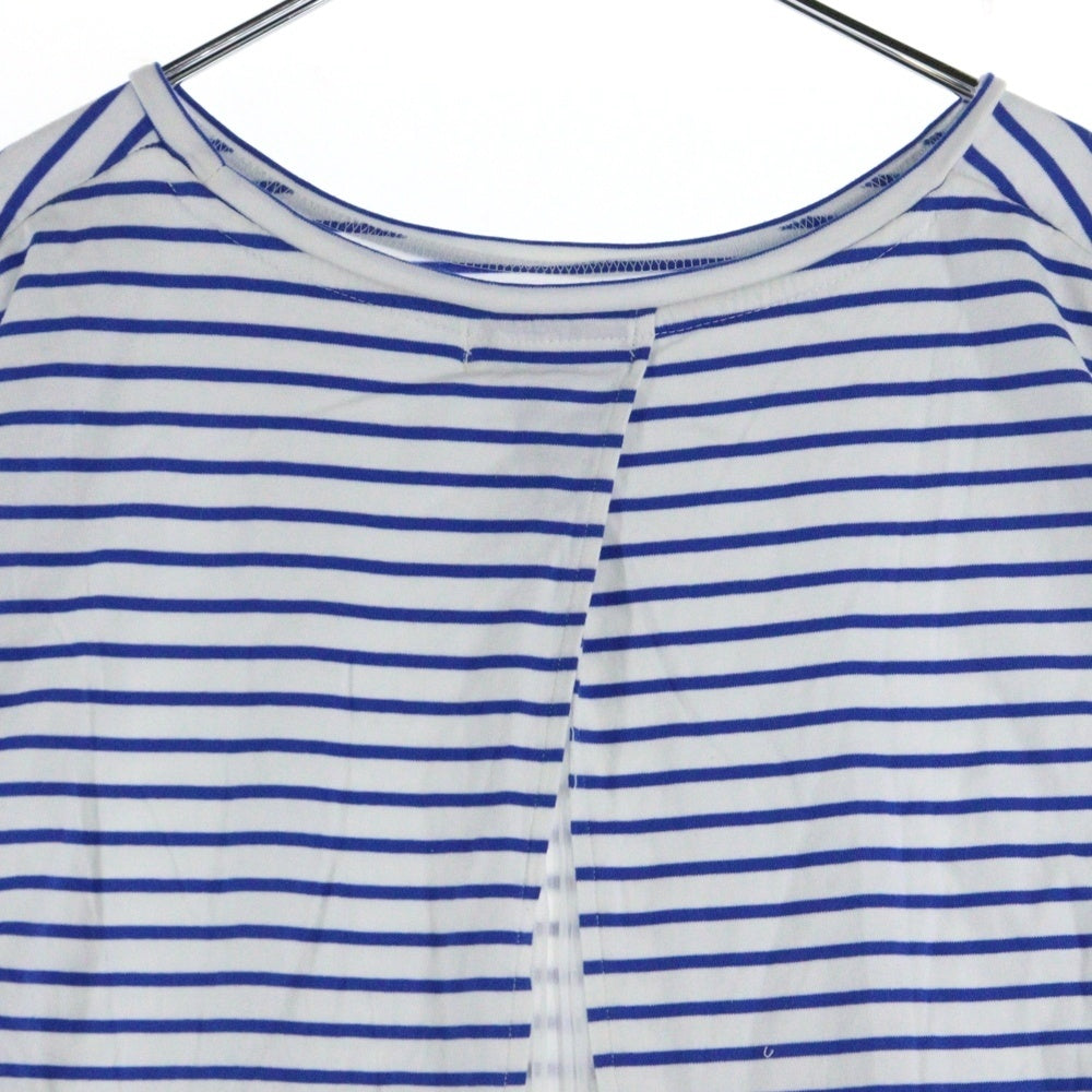 BEAMS HEART(ビームス ハート) マリンボーダー総柄 バックスリット シアープリーツ レイヤード 半袖Tシャツ カットソー ホワイト/ブルー レディース