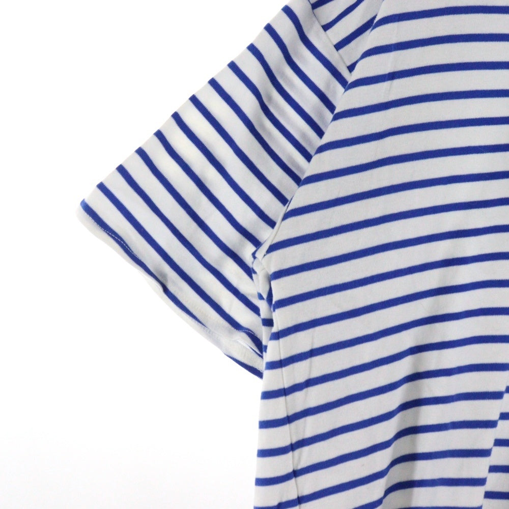 BEAMS HEART(ビームス ハート) マリンボーダー総柄 バックスリット シアープリーツ レイヤード 半袖Tシャツ カットソー ホワイト/ブルー レディース