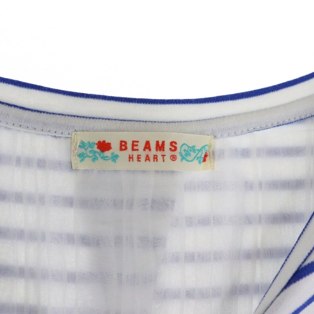 BEAMS HEART(ビームス ハート) マリンボーダー総柄 バックスリット シアープリーツ レイヤード 半袖Tシャツ カットソー ホワイト/ブルー レディース