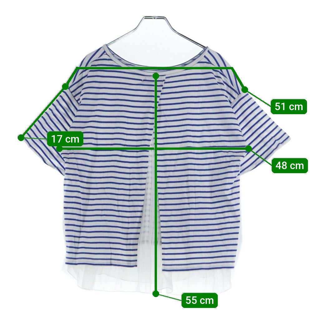 BEAMS HEART(ビームス ハート) マリンボーダー総柄 バックスリット シアープリーツ レイヤード 半袖Tシャツ カットソー ホワイト/ブルー レディース