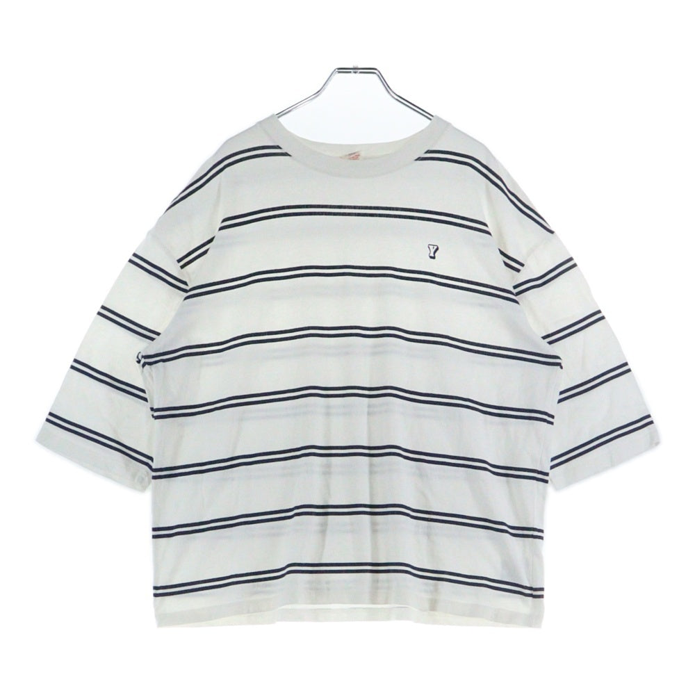 Purple&Yellow(パープルアンドイエロー) ボーダー総柄 Yロゴプリント クルーネック 半袖Tシャツ ホワイト/ネイビー