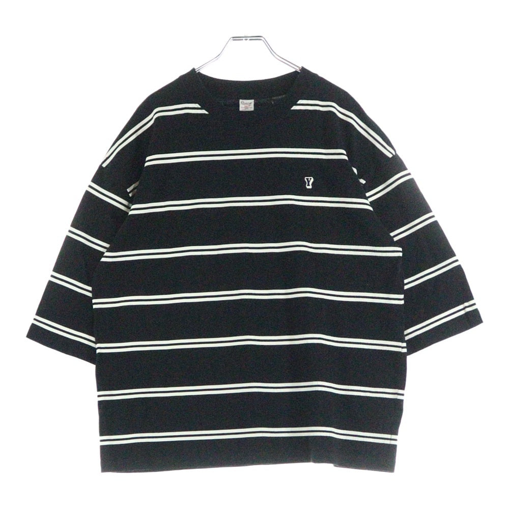 Purple&Yellow(パープルアンドイエロー) ボーダー総柄 Yロゴプリント クルーネック 半袖Tシャツ ブラック/ホワイト