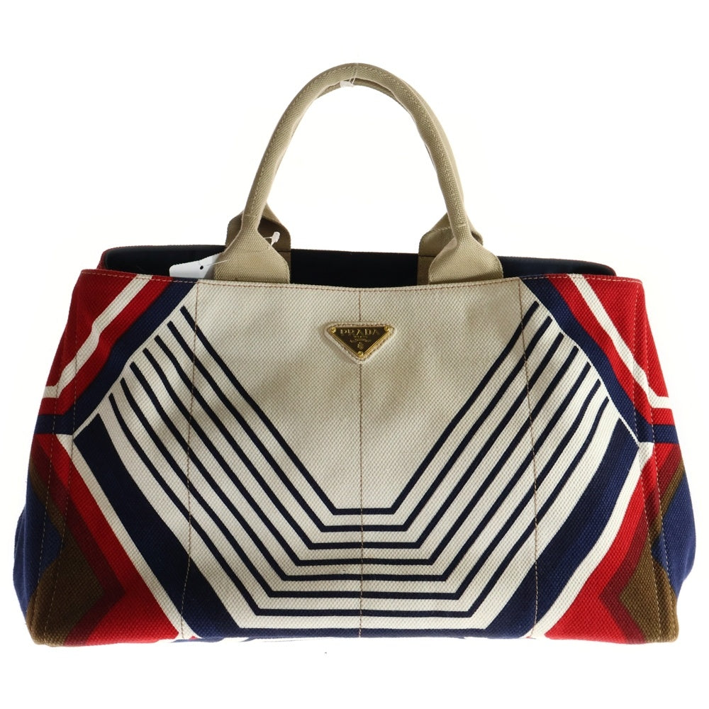 PRADA(プラダ) カナパL トートバッグ ハンドバッグ アイボリー×ネイビー×レッド ゴールド金具 キャンバス BN1872