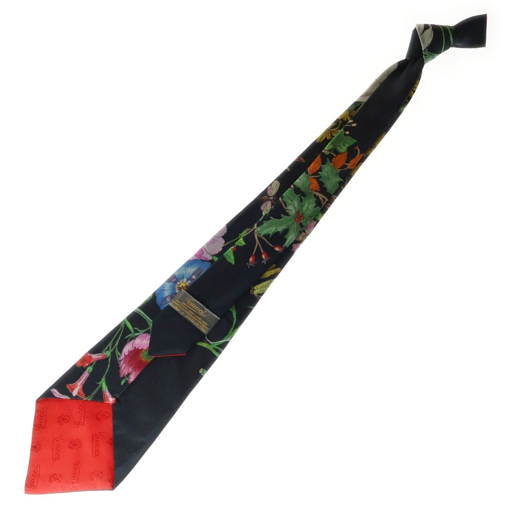 GUCCI(グッチ) フラワー総柄プリント シルク ネクタイ ブラック