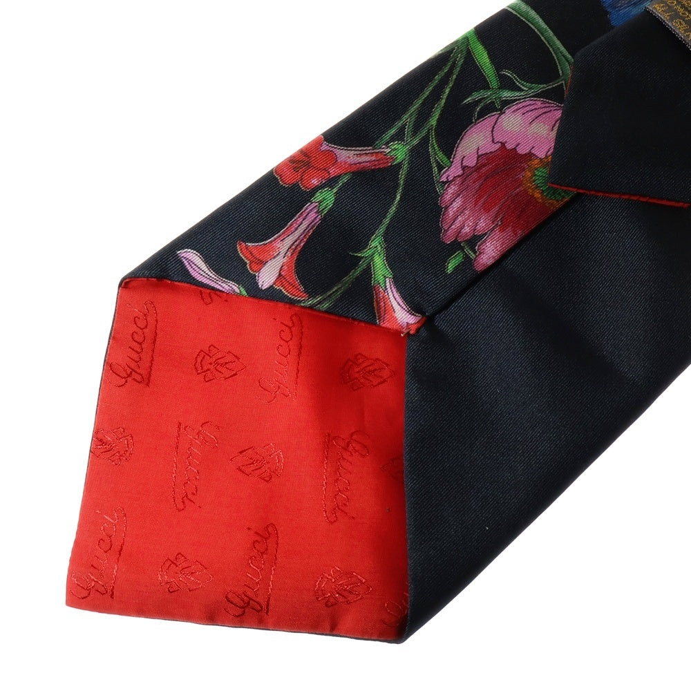 GUCCI(グッチ) フラワー総柄プリント シルク ネクタイ ブラック