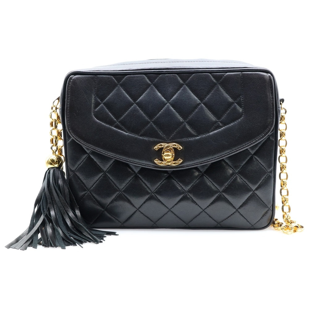 CHANEL(シャネル) マトラッセ フリンジ ダイアナフラップ チェーンショルダーバッグ ブラック ラムスキン ゴールド金具