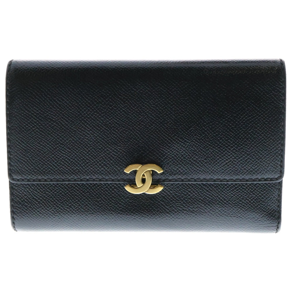 CHANEL(シャネル) ココマーク キャビアスキン 三つ折り財布 レザーロングウォレット ブラック レディース
