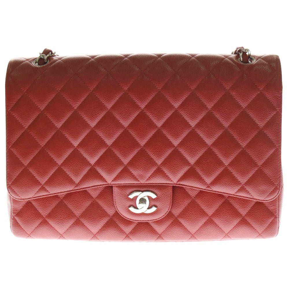 CHANEL(シャネル) デカマトラッセ34 マキシ ココマーク キャビアスキン ダブルフラップ ダブルチェーン ショルダーバッグ シルバー金具 レッド 13番台