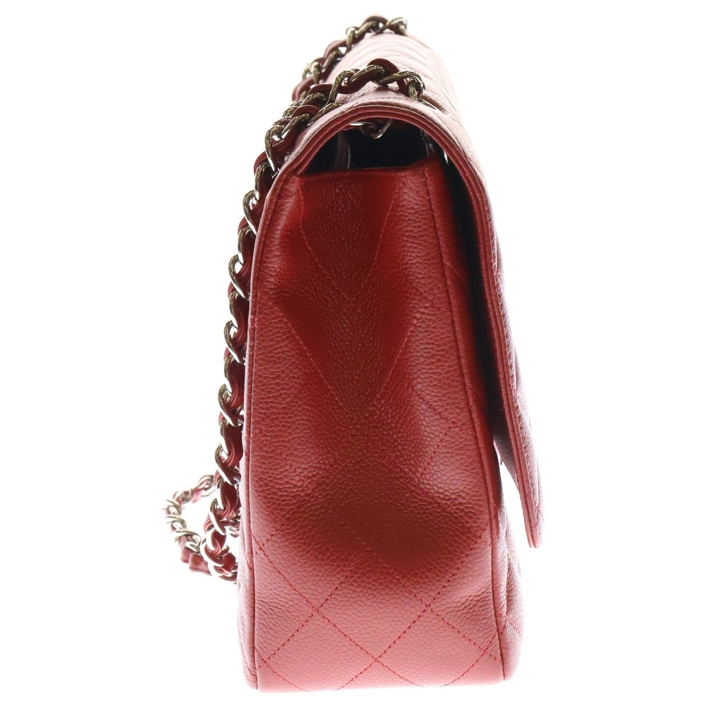 CHANEL(シャネル) デカマトラッセ34 マキシ ココマーク キャビアスキン ダブルフラップ ダブルチェーン ショルダーバッグ シルバー金具 レッド 13番台