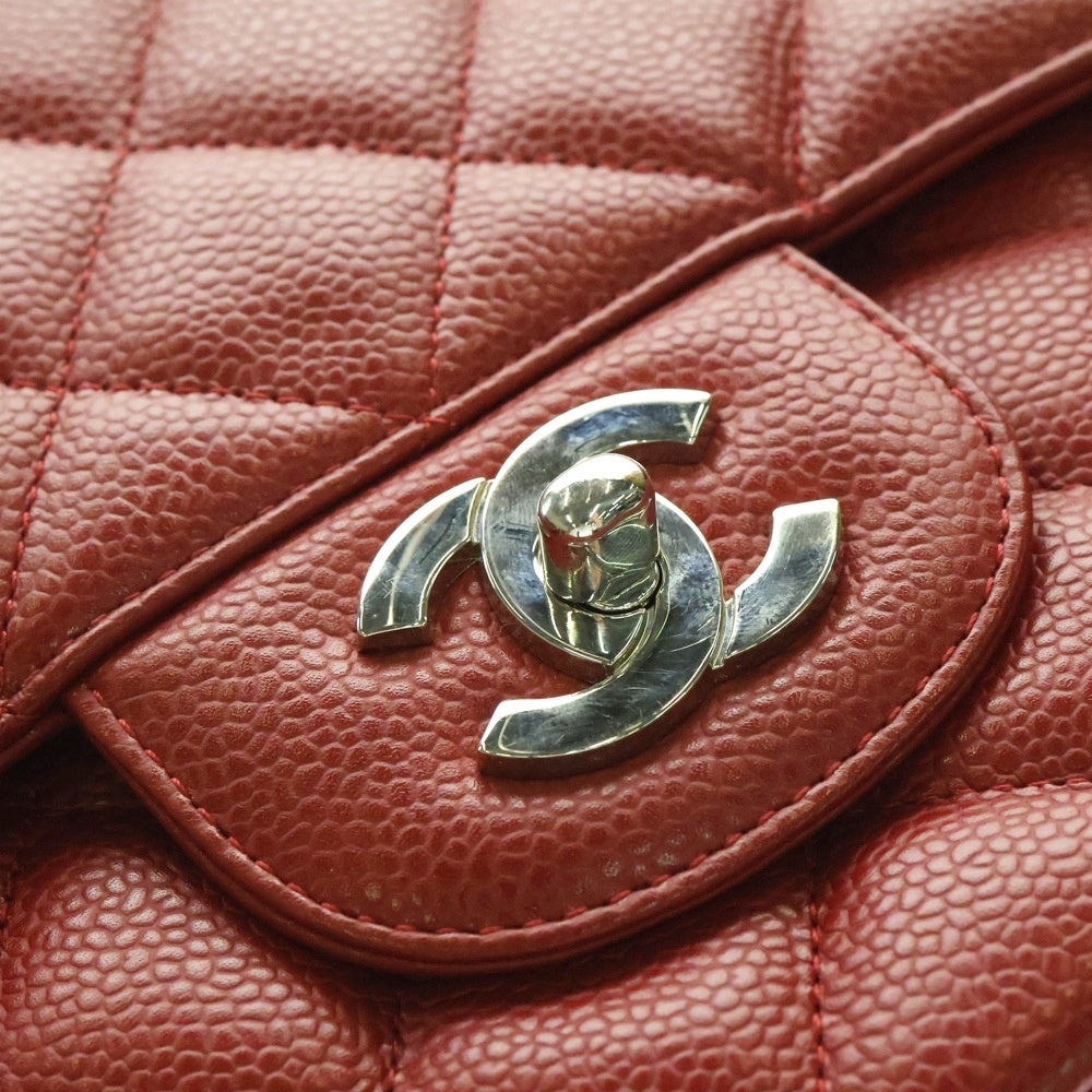 CHANEL(シャネル) デカマトラッセ34 マキシ ココマーク キャビアスキン ダブルフラップ ダブルチェーン ショルダーバッグ シルバー金具 レッド 13番台