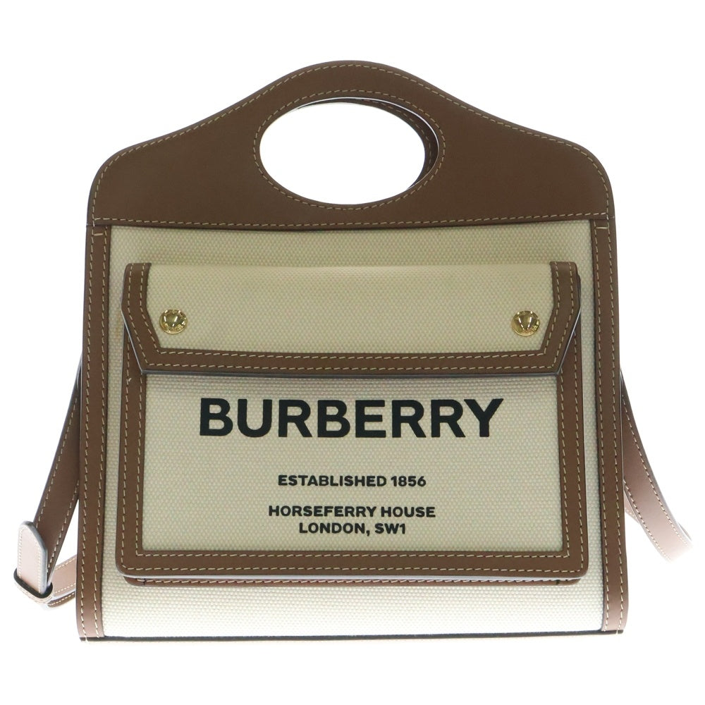 BURBERRY(バーバリー) ミニ ポケットバッグ ロゴプリント ツートン キャンバス レザー 2WAY ハンド ショルダーバッグ ベージュ/ブラウン 8031746
