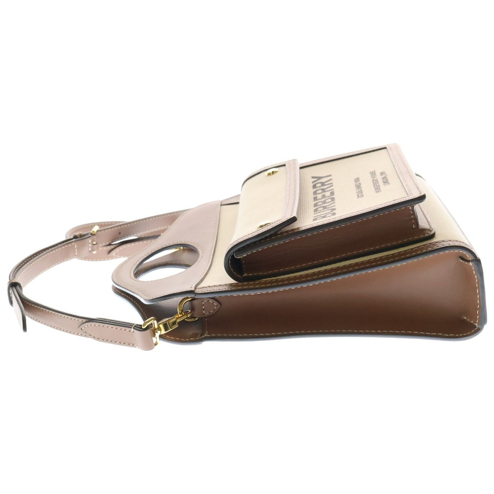 BURBERRY(バーバリー) ミニ ポケットバッグ ロゴプリント ツートン キャンバス レザー 2WAY ハンド ショルダーバッグ ベージュ/ブラウン 8031746