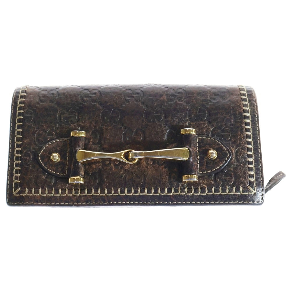 GUCCI(グッチ) グッチシマ ホースビット 二つ折り長財布 ロングウォレット カードケース ブラウン ゴールド金具 レザー 224258
