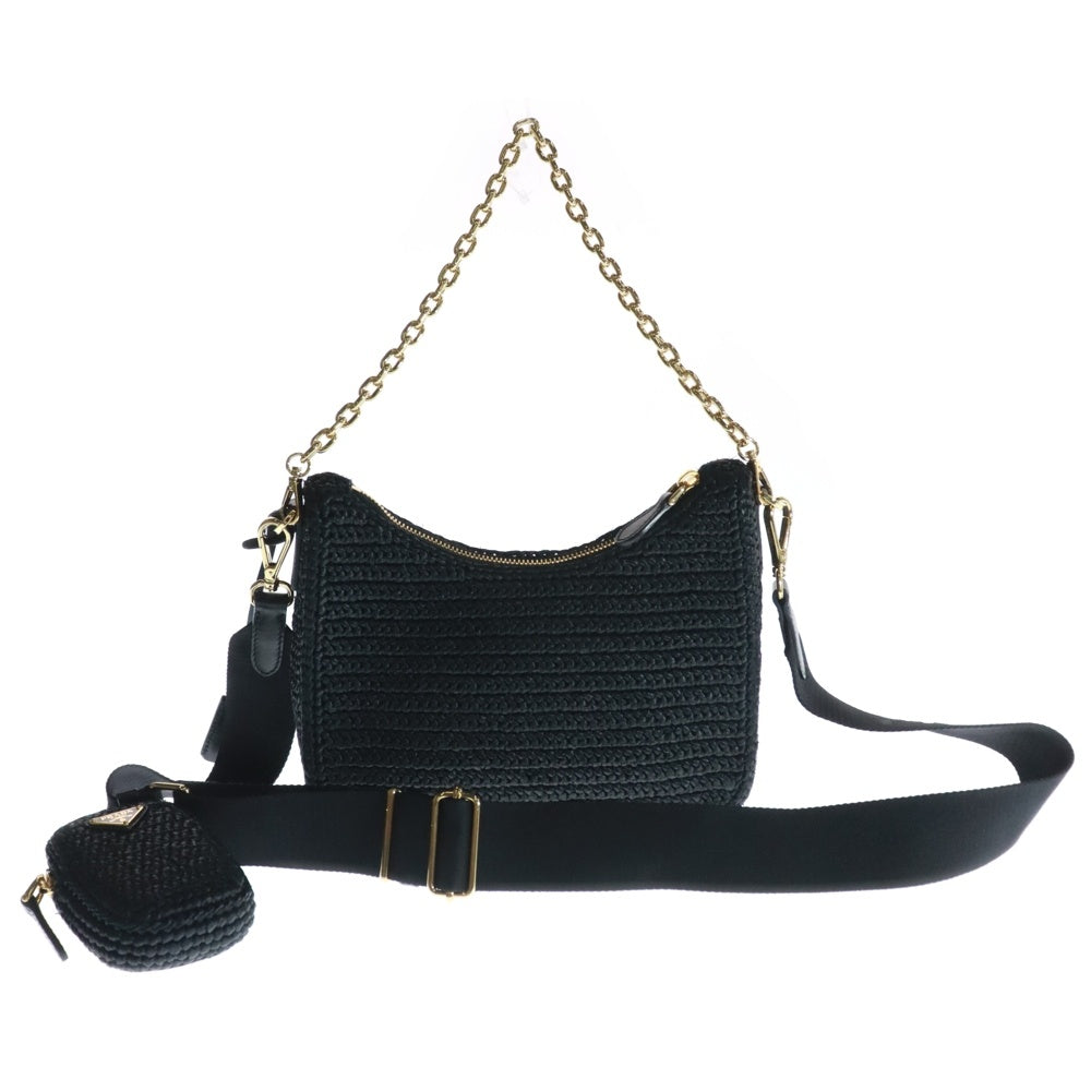PRADA(プラダ) Re-Edition 2005 リ エディション レザー ストロー 2WAY チェーン ハンド ワンショルダーバッグ ゴールド金具 ブラック 1BH204 V9L 2A2T