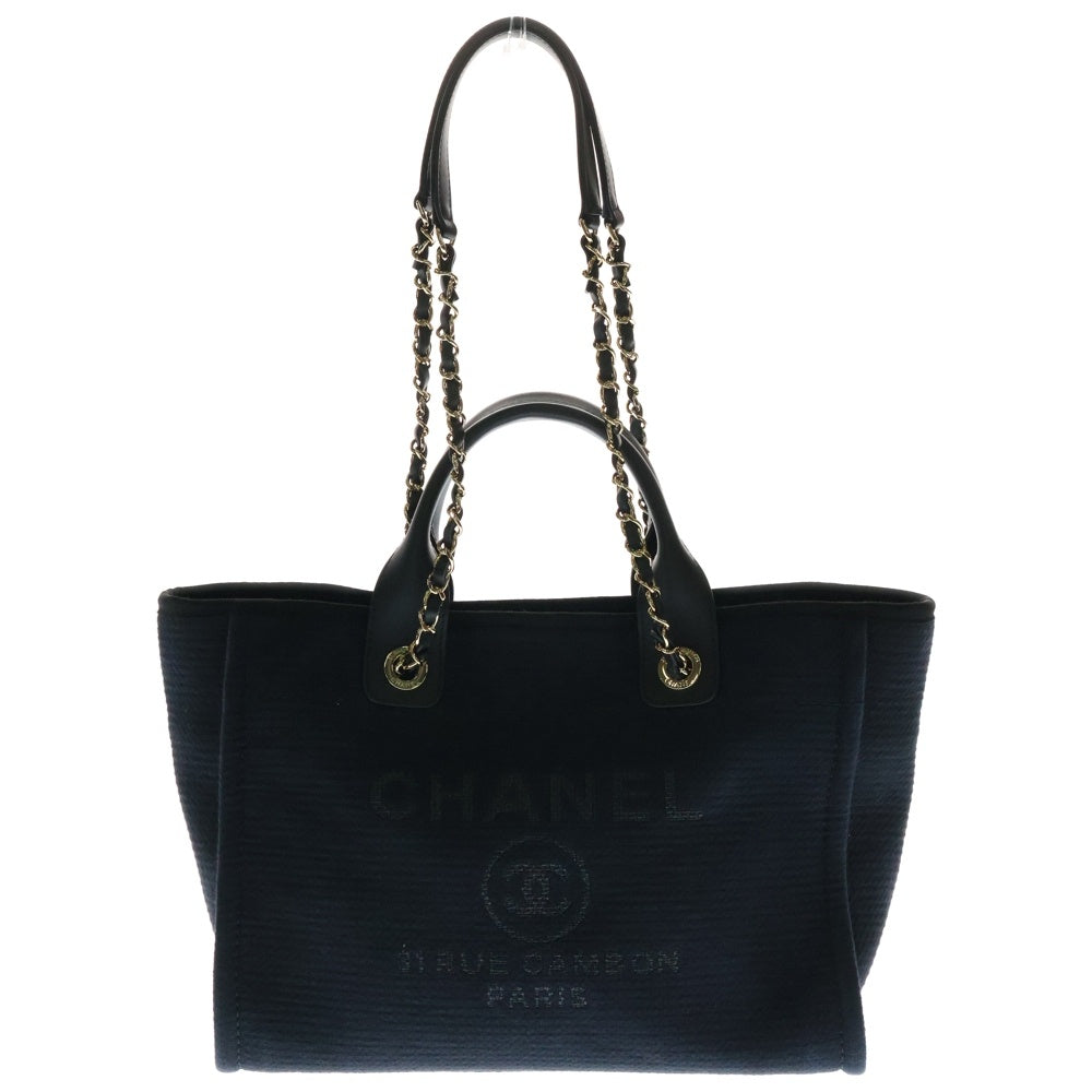 CHANEL(シャネル) ドーヴィルMM ココマーク ロゴ キャンバス レザー 2WAY ハンドトート ワンショルダーバッグ ゴールド金具 ネイビー/ブラック