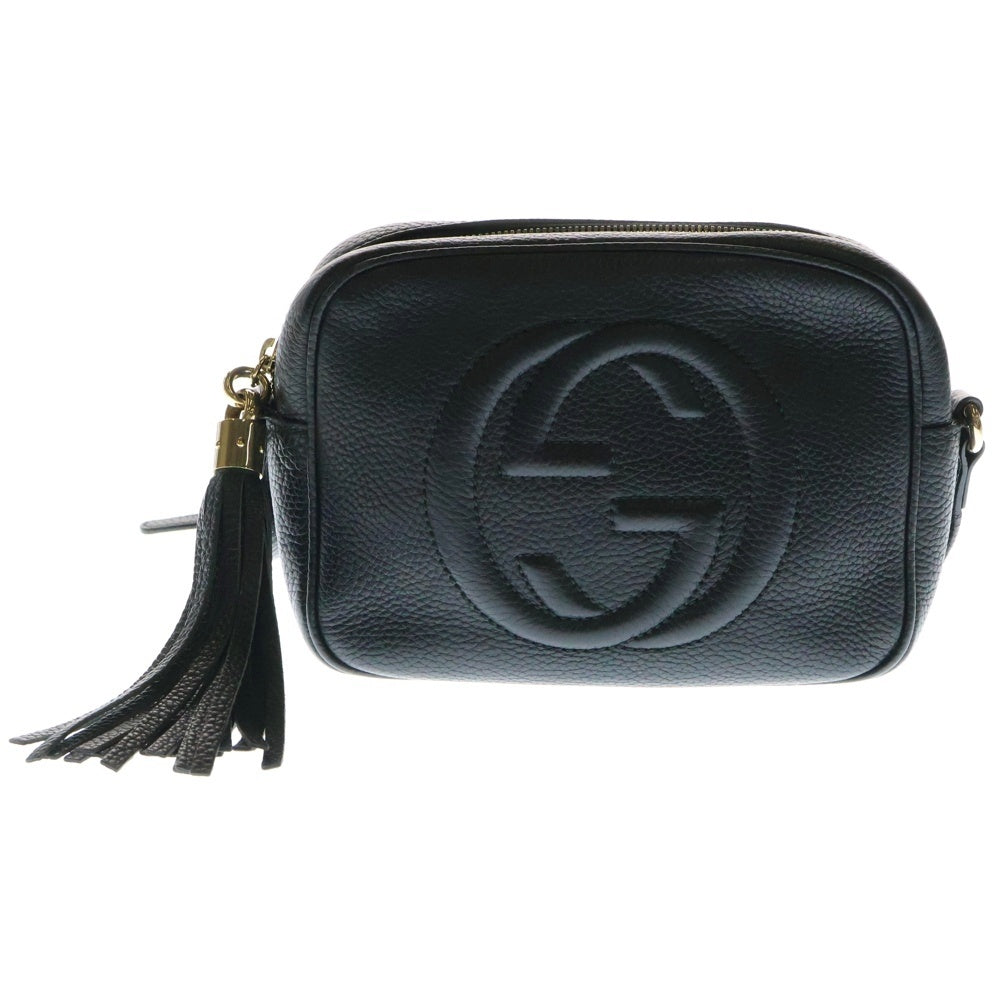 GUCCI(グッチ) ソーホー スモールディスコ インターロッキングG ロゴ フリンジ レザー ショルダーバッグ ゴールド金具 ブラック 308364