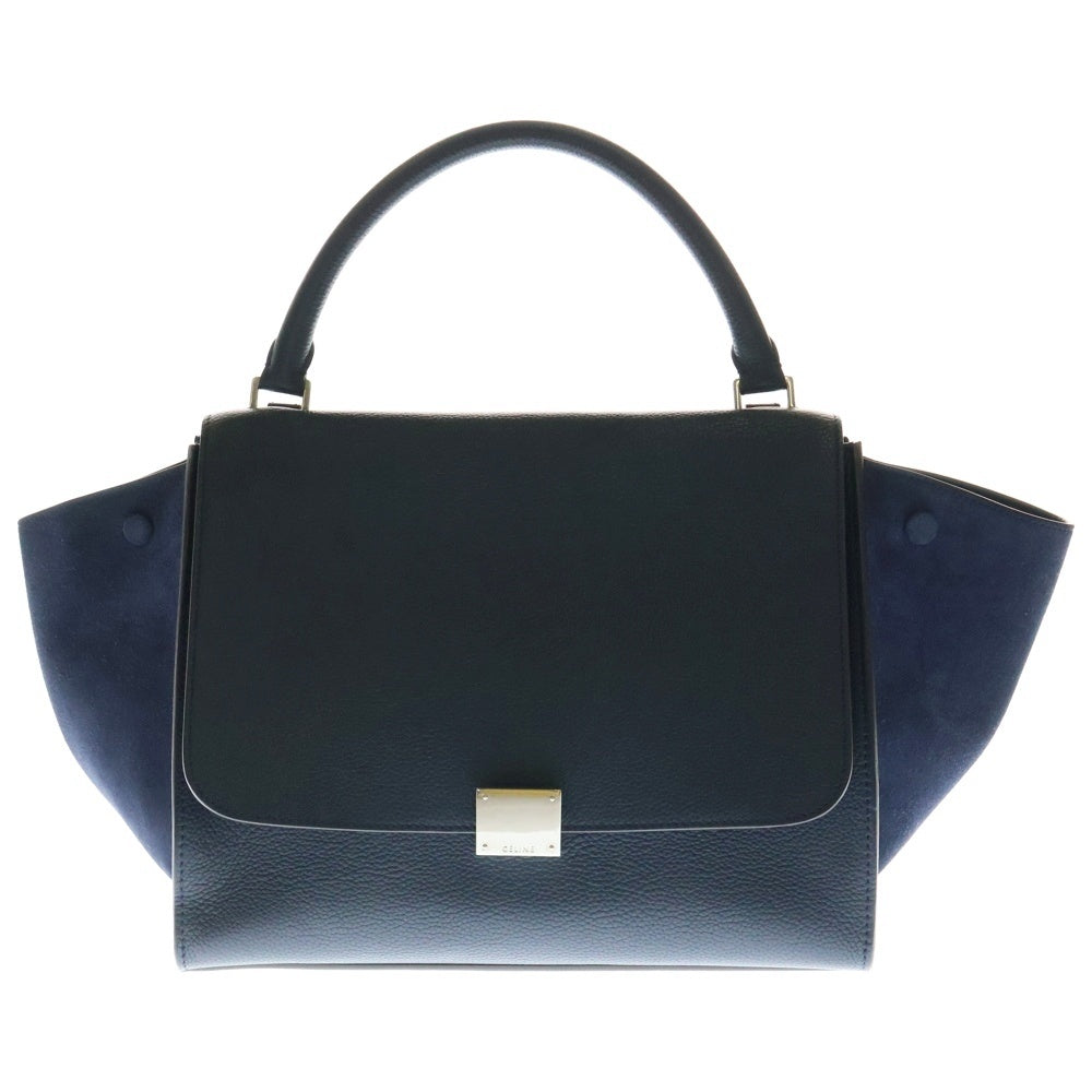 CELINE(セリーヌ) トラペーズ ミディアム スウェードレザー切り替え 2WAYハンド ショルダーバッグ シルバー金具 ネイビー