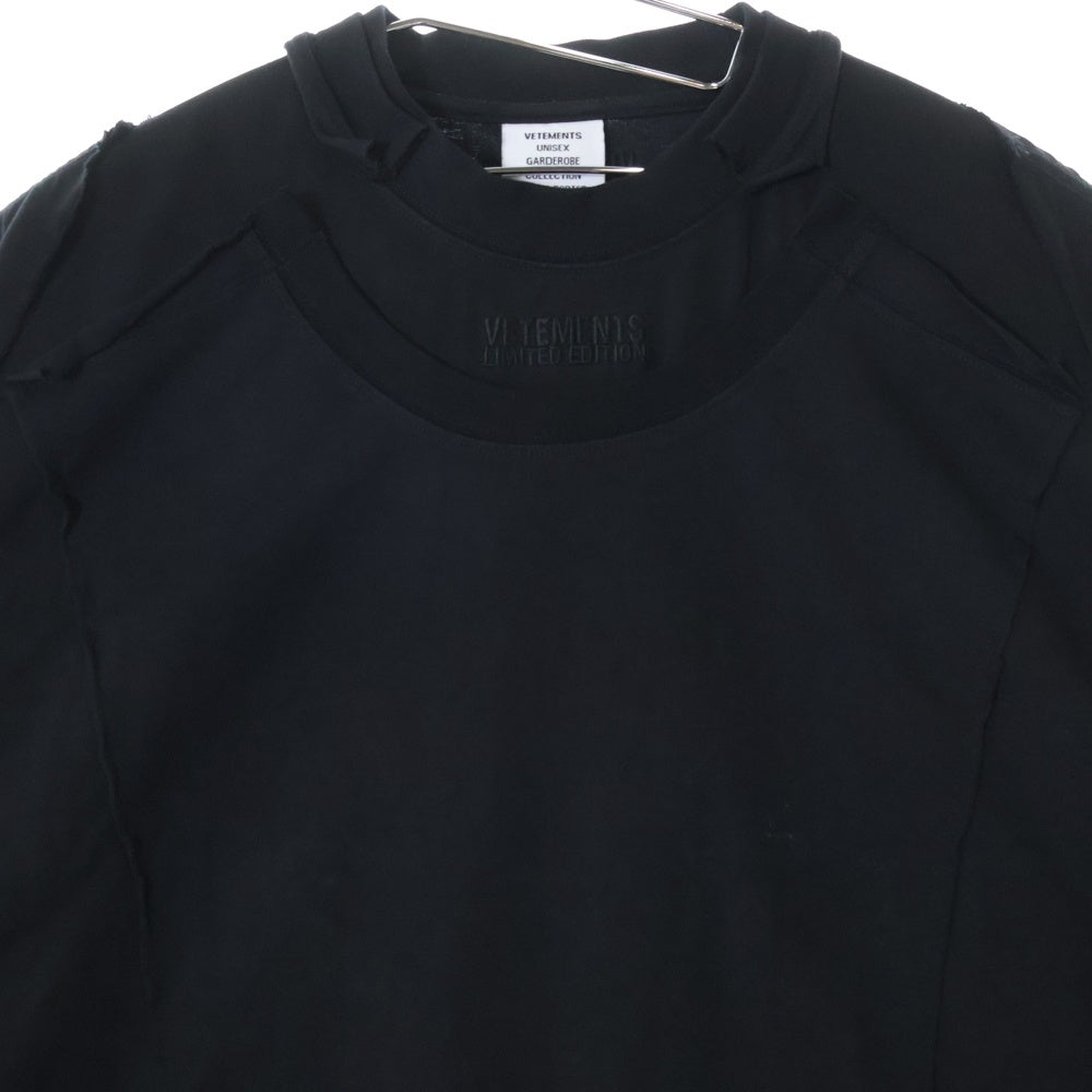 VETEMENTS(ヴェトモン) 23SS ロゴ刺繍 レイヤードデザイン カットオフ ロングスリーブ 長袖Tシャツ カットソー ブラック UE63LS115B