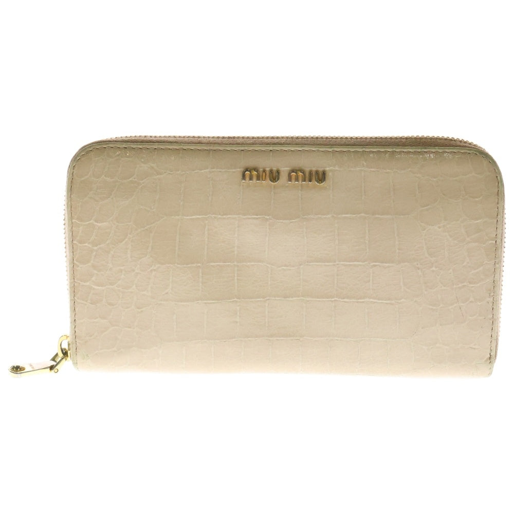 miumiu(ミュウミュウ) ロゴプレート クロコ型押しレザー ラウンドジップ ロングウォレット 長財布 ゴールド金具 ピンク