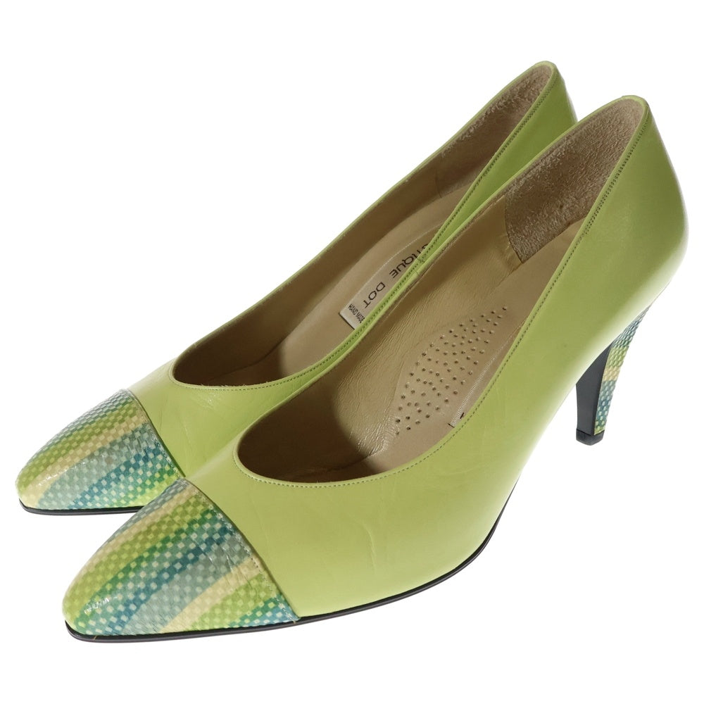 BOUTIQUE DOT(ブティックドット) ストライプ柄切り替え レザー ヒール パンプス シューズ ライトグリーン レディース〇