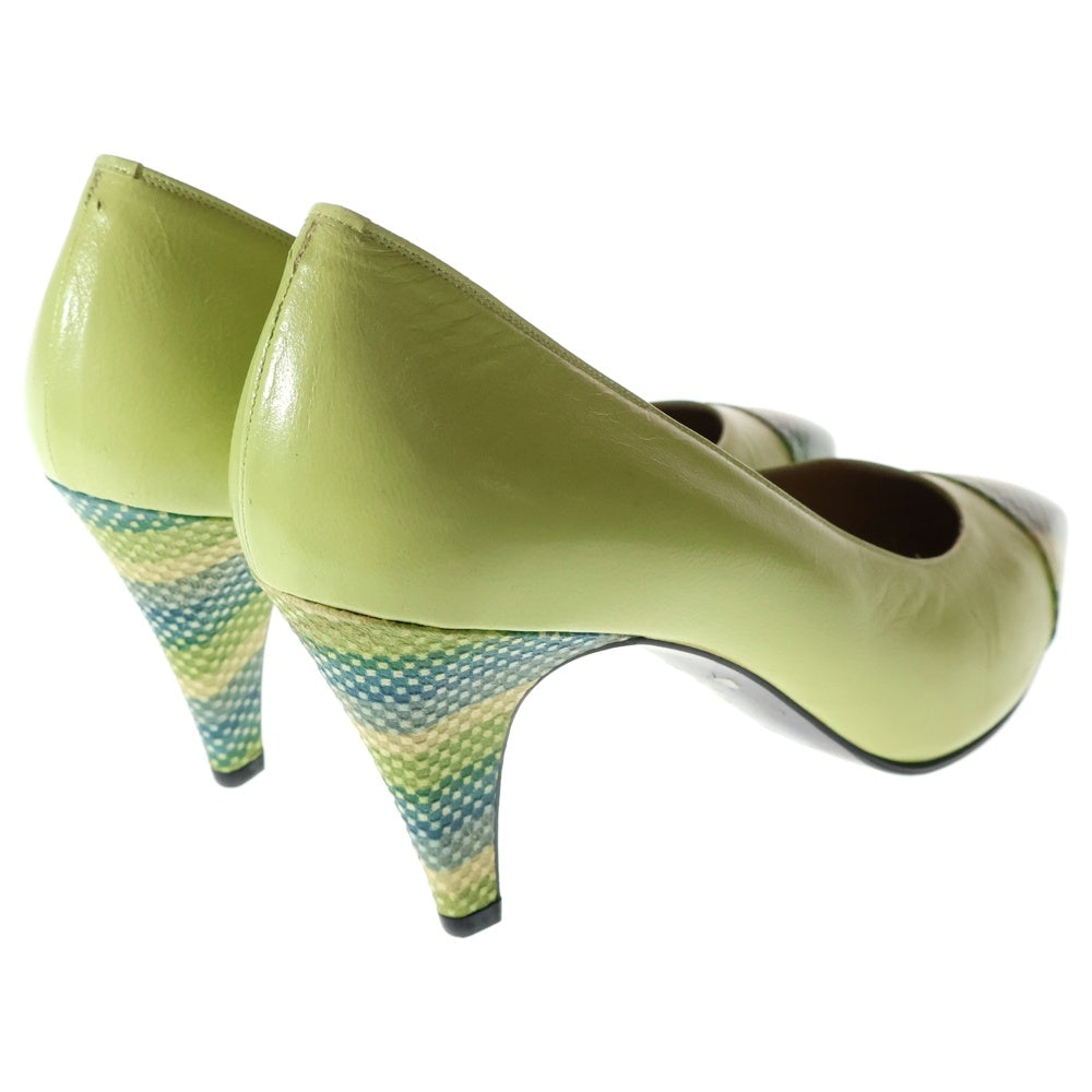 BOUTIQUE DOT(ブティックドット) ストライプ柄切り替え レザー ヒール パンプス シューズ ライトグリーン レディース〇
