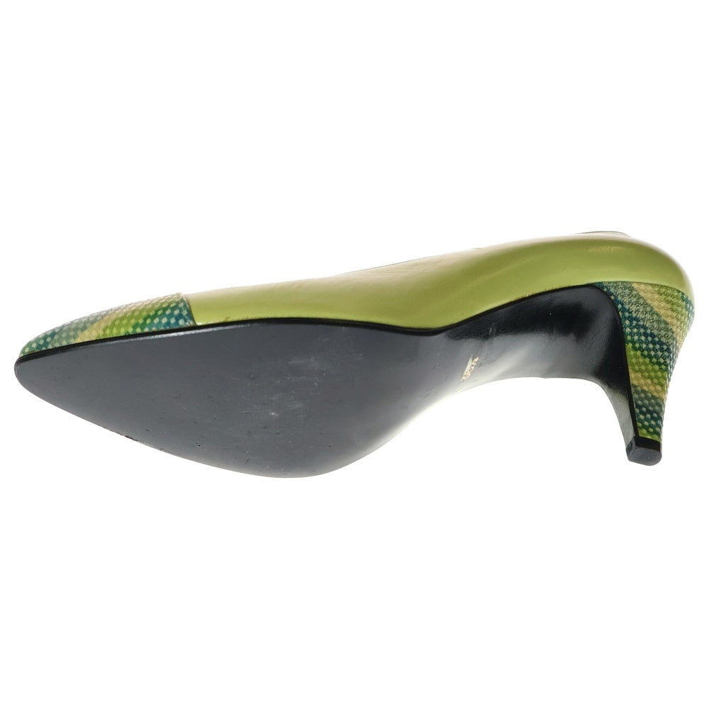 BOUTIQUE DOT(ブティックドット) ストライプ柄切り替え レザー ヒール パンプス シューズ ライトグリーン レディース〇