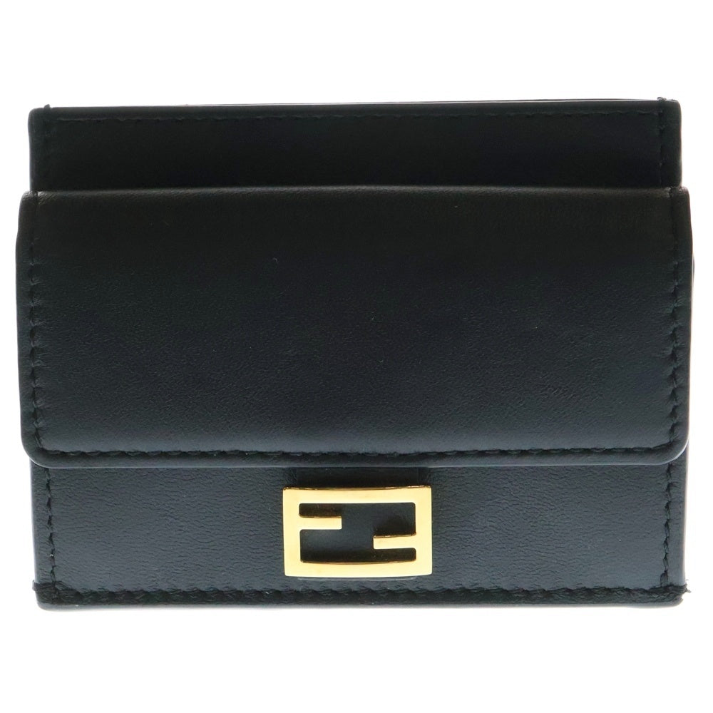FENDI(フェンディ) FFロゴプレート ズッカ柄 バゲット レザー カード ホルダー コインケース フラグメントケース 小銭入れ ゴールド金具 ブラック 8M0423