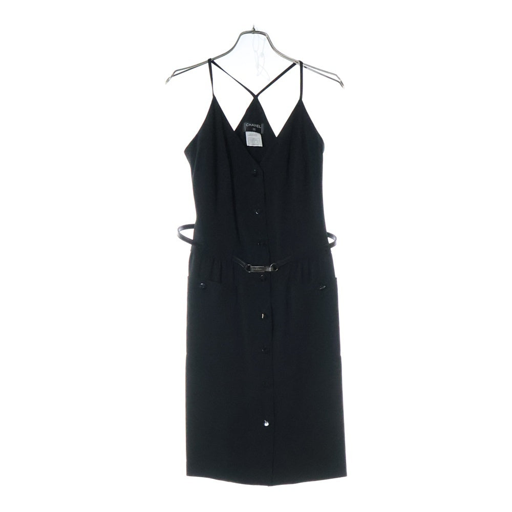 CHANEL(シャネル) 00AW ロゴプレート レザーベルト付き ノースリーブ キャミソールワンピース ドレス ブラック レディース P16345V06371