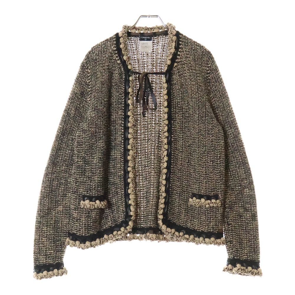 CHANEL(シャネル) 04AW キャメル混 ウール レザーリボン ニットジャケット カーディガン ブラウン レディース P24245V01679