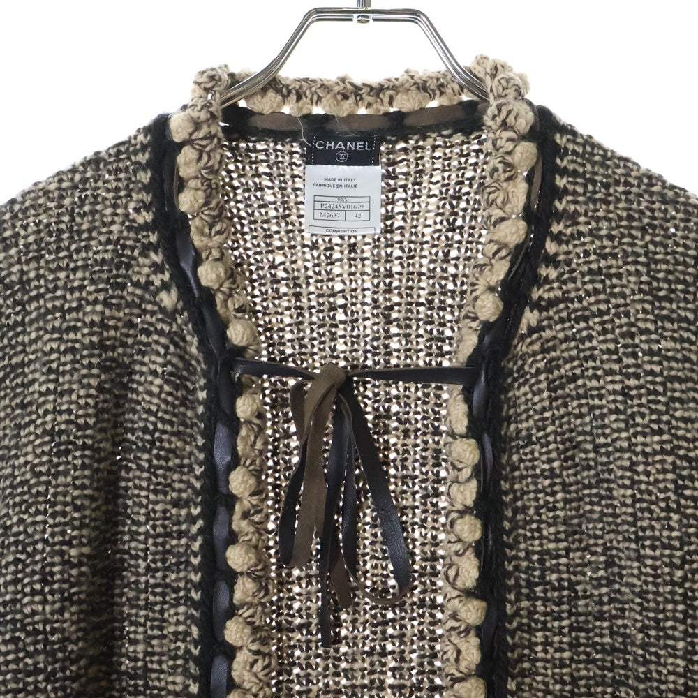 CHANEL(シャネル) 04AW キャメル混 ウール レザーリボン ニットジャケット カーディガン ブラウン レディース P24245V01679
