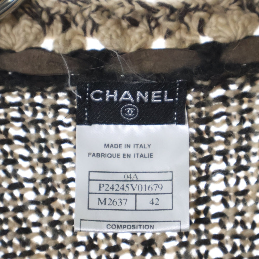 CHANEL(シャネル) 04AW キャメル混 ウール レザーリボン ニットジャケット カーディガン ブラウン レディース P24245V01679