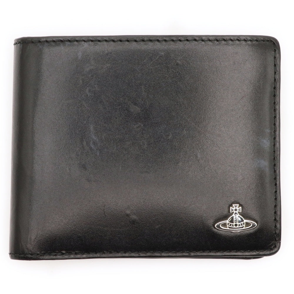 Vivienne Westwood(ヴィヴィアンウエストウッド) オーブロゴプレート レザー コンパクトウォレット 二つ折り財布 シルバー金具 ブラック