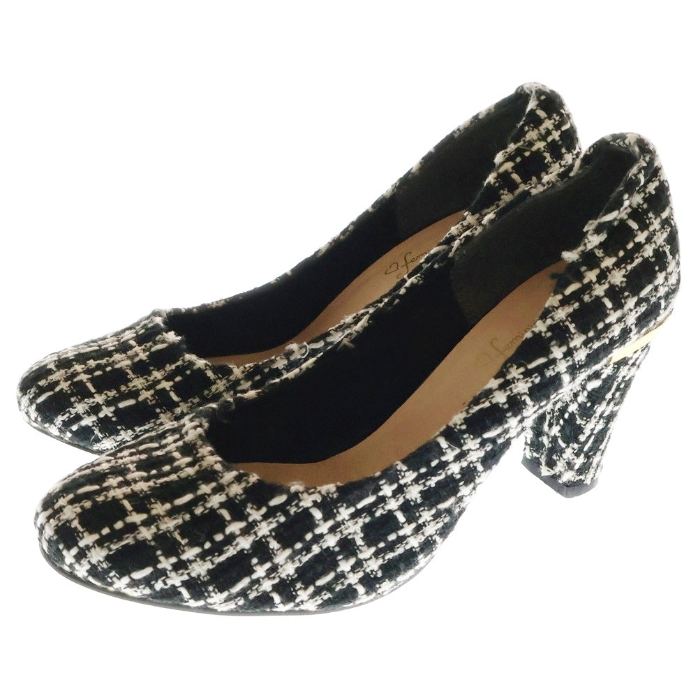 NO BRAND(ノーブランド) ツイード チェック総柄 ヒール パンプス シューズ ブラック/ホワイト レディース