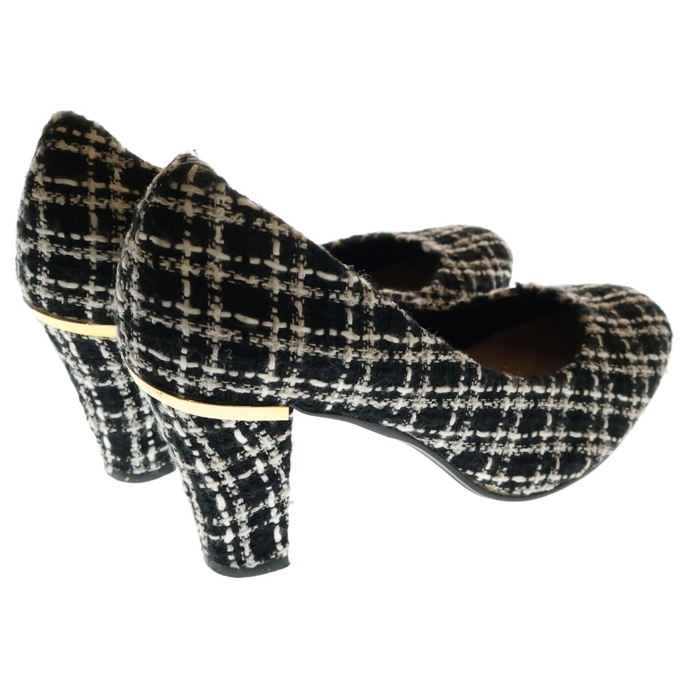 NO BRAND(ノーブランド) ツイード チェック総柄 ヒール パンプス シューズ ブラック/ホワイト レディース