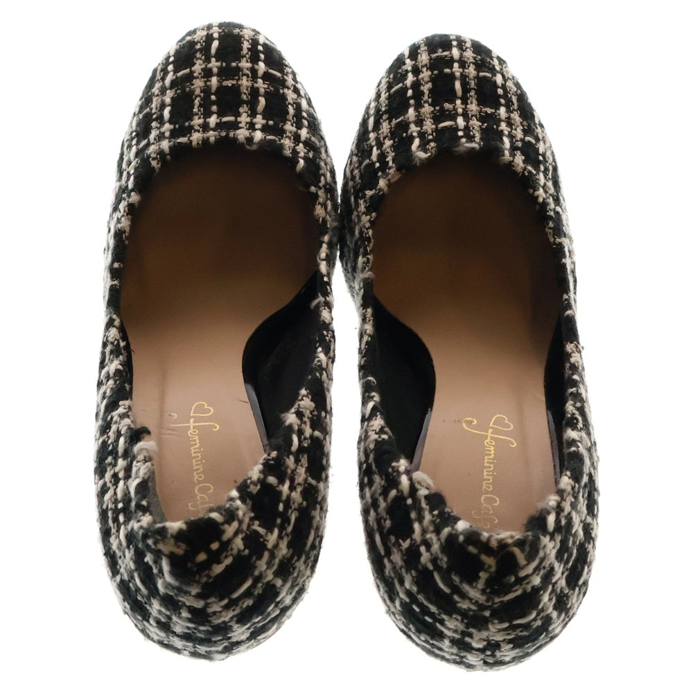 NO BRAND(ノーブランド) ツイード チェック総柄 ヒール パンプス シューズ ブラック/ホワイト レディース