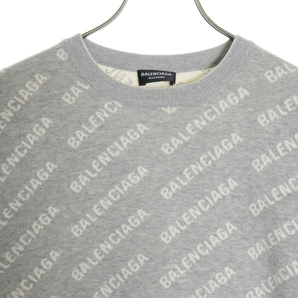 BALENCIAGA(バレンシアガ) 22AW オーバーロゴ ジャガード コットン ウール 長袖ニット セーター グレー 702952