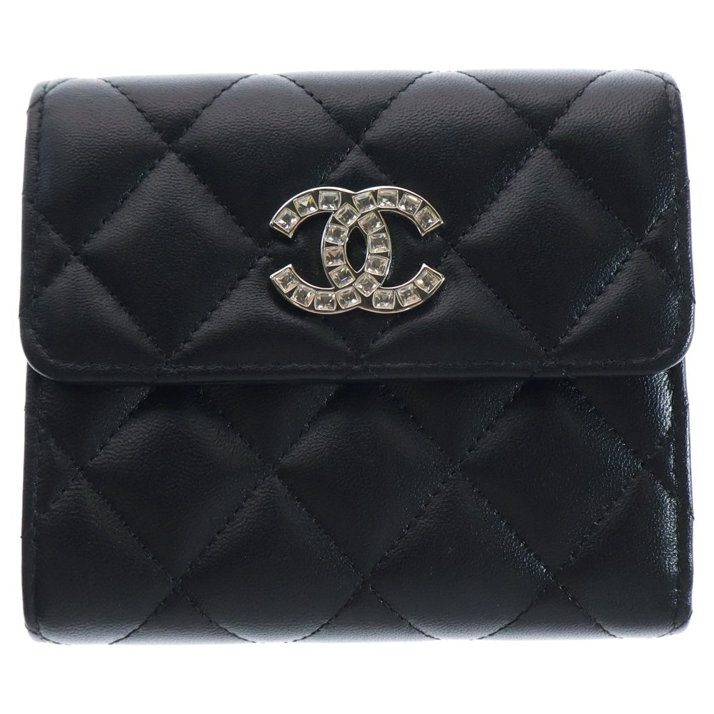 CHANEL(シャネル) スモールフラップウォレット コンパクトウォレット 三つ折り財布 ブラック シルバー金具 ラムスキン シリアルシール