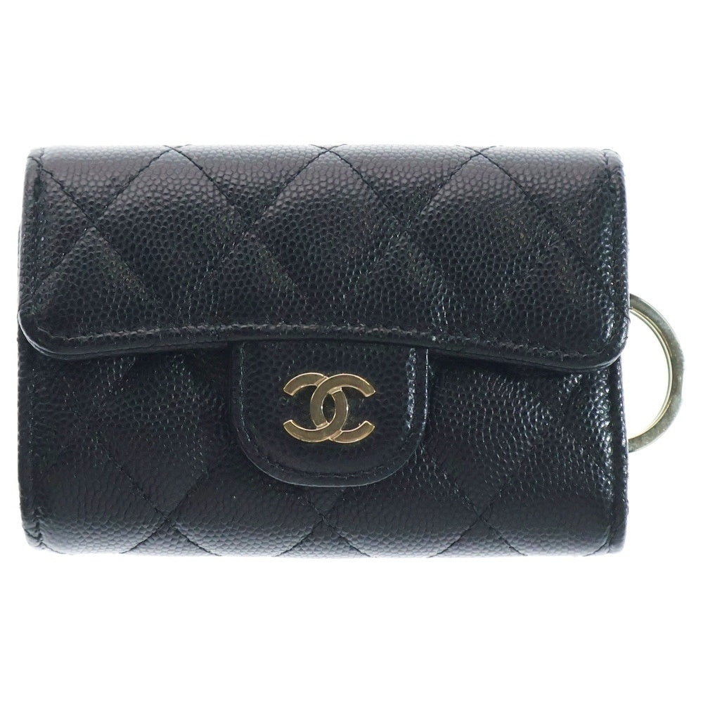 CHANEL(シャネル) ココマーク 4連キーケース キーリング キーホルダー ブラック レザー ゴールド金具 キャビアスキン シール有