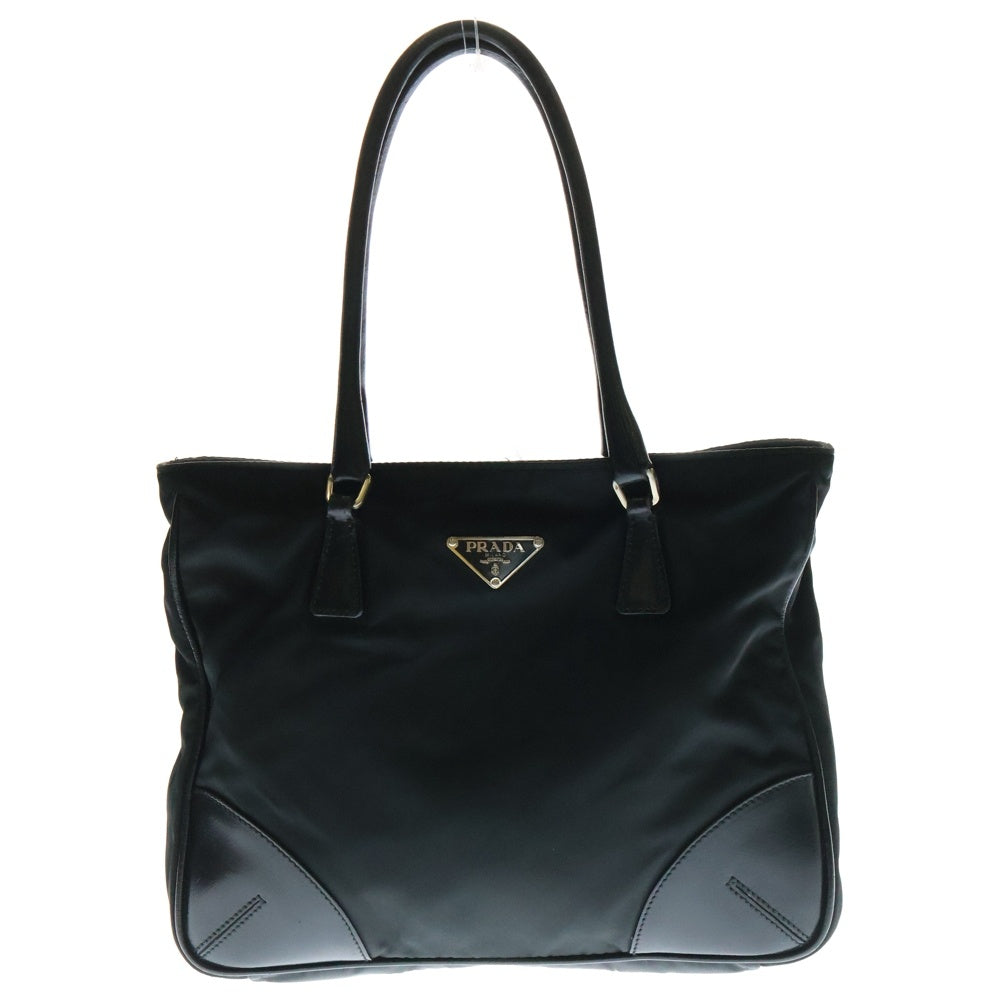 PRADA(プラダ) トライアングルロゴプレート ナイロン レザー ハンドバッグ シルバー金具 ブラック BN0750