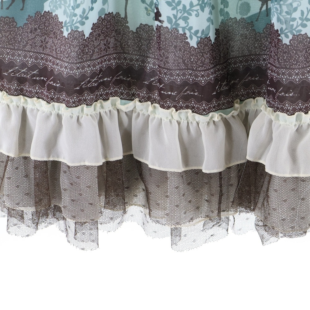 NO BRAND(ノーブランド) axes femme アクシーズファム 城柄プリント シアー フリル ジャンパースカート ワンピース ライトブルー/ブラウン レディース TS342X105