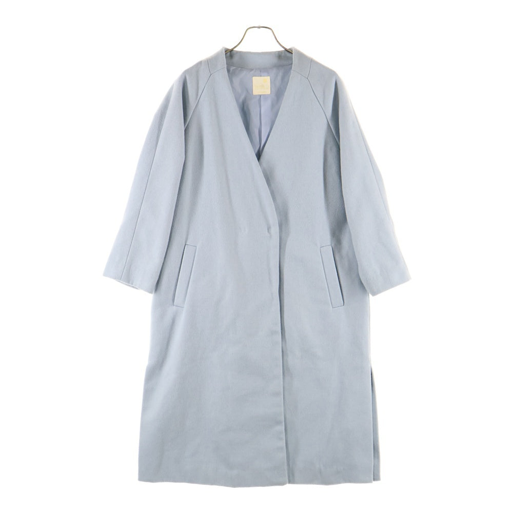 NO BRAND(ノーブランド) アースミュージックアンドエコロジー ウール混 ノーカラー ダブルブレスト ロング コート ライトブルー レディース