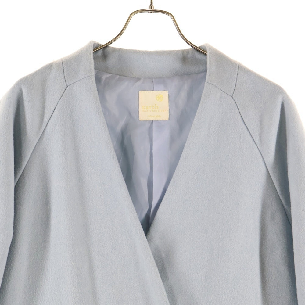 NO BRAND(ノーブランド) アースミュージックアンドエコロジー ウール混 ノーカラー ダブルブレスト ロング コート ライトブルー レディース
