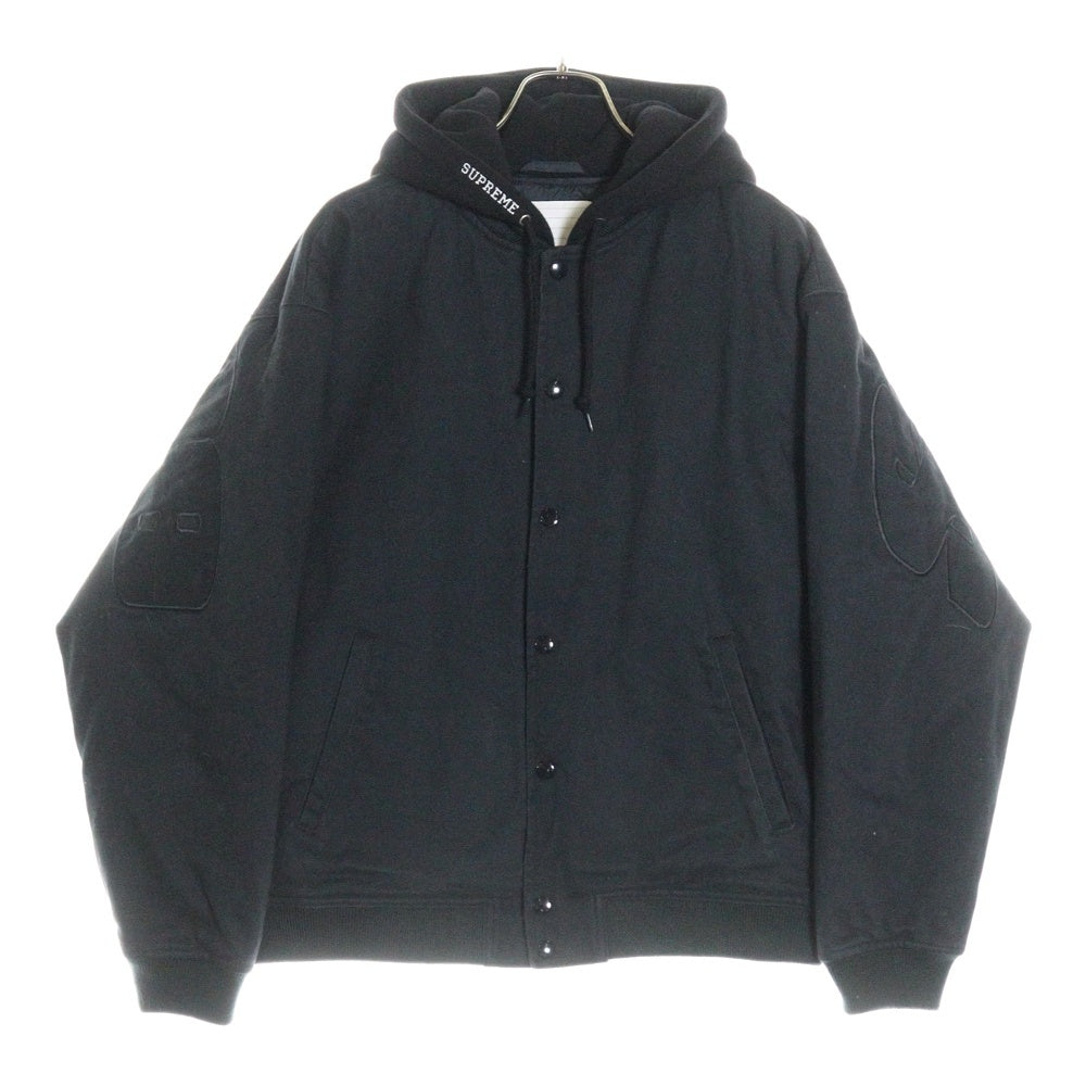 SUPREME(シュプリーム) 22SS Hooded Twill Varsity Jacket ロゴ刺繍 フーデッド ツイル バーシティ スナップボタン ジャケット ブルゾン ブラック