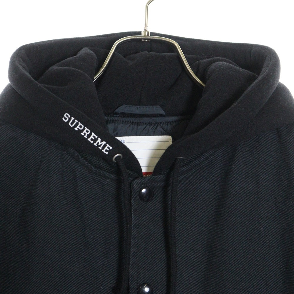 SUPREME(シュプリーム) 22SS Hooded Twill Varsity Jacket ロゴ刺繍 フーデッド ツイル バーシティ スナップボタン ジャケット ブルゾン ブラック
