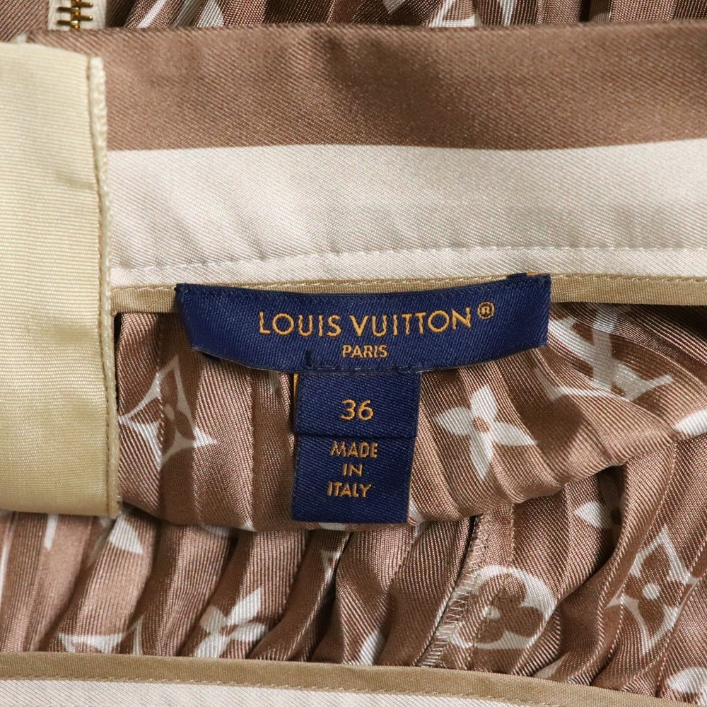 LOUIS VUITTON(ルイヴィトン) モノグラム 総柄プリント シルク プリーツ ロング フレアスカート ベージュ レディース