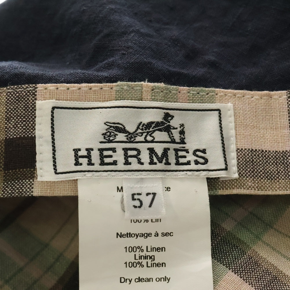 HERMES(エルメス) キャスケット ハット 帽子 ロゴ刺繍 ネイビー リネン 57